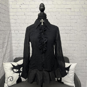 Victorian Goth Sandra Angelozzi Black 100% Silk Ruffled Collar Blouse Sz 38